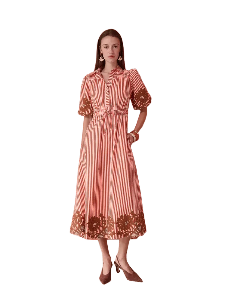 Banyan Puff Sleeve Midi Dress in Terracotta Stripe