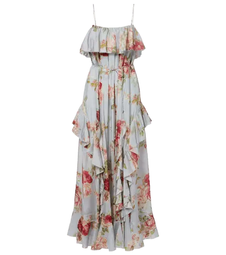 Roselight floral ruffled silk maxi dress