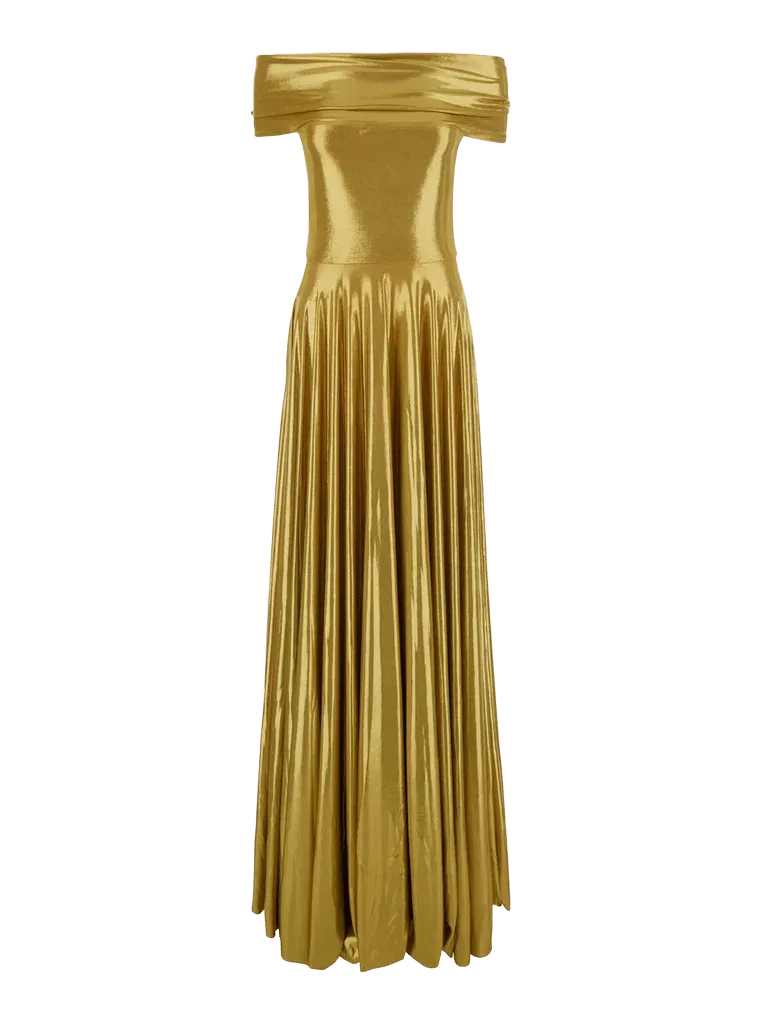 Norma Kamali Pleated Metallic Tech Fabric Dress — Gold