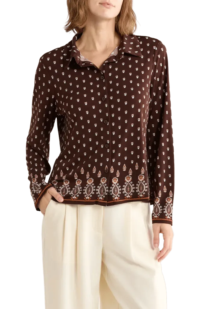 Tulip Print Button Front Knit Top