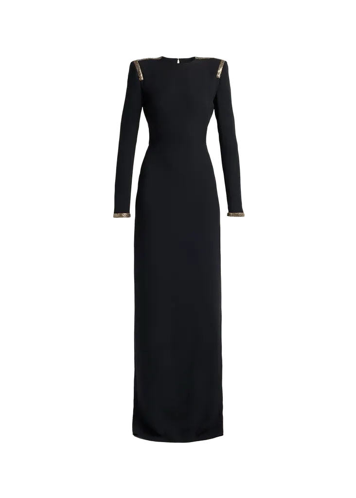 Long-Sleeve Chainmail-Trim Silk Column Gown