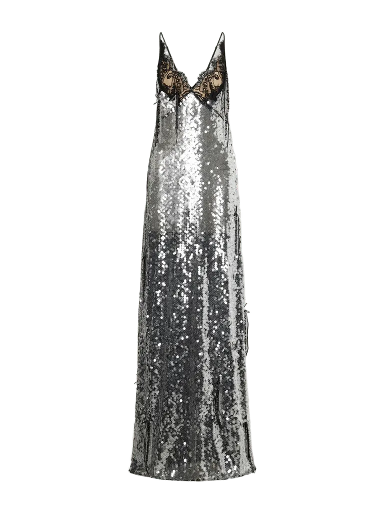 Lace-trimmed sequined gown