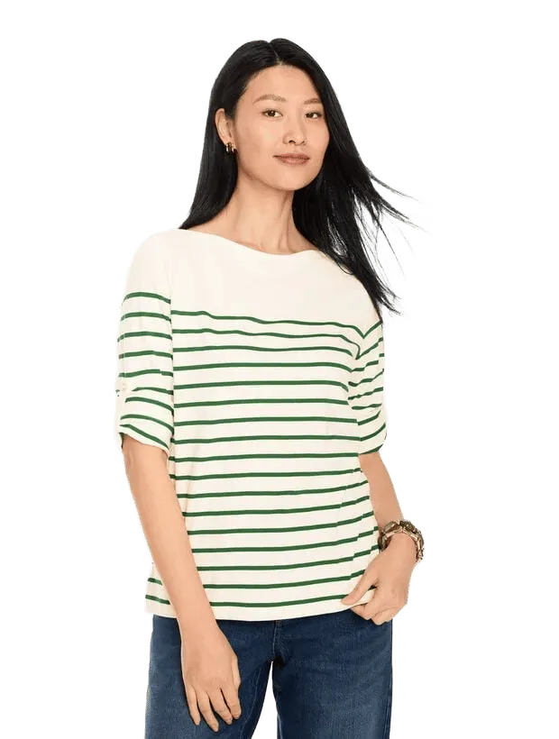 Roll Cuff Bateau Neck Top - Love Stripe