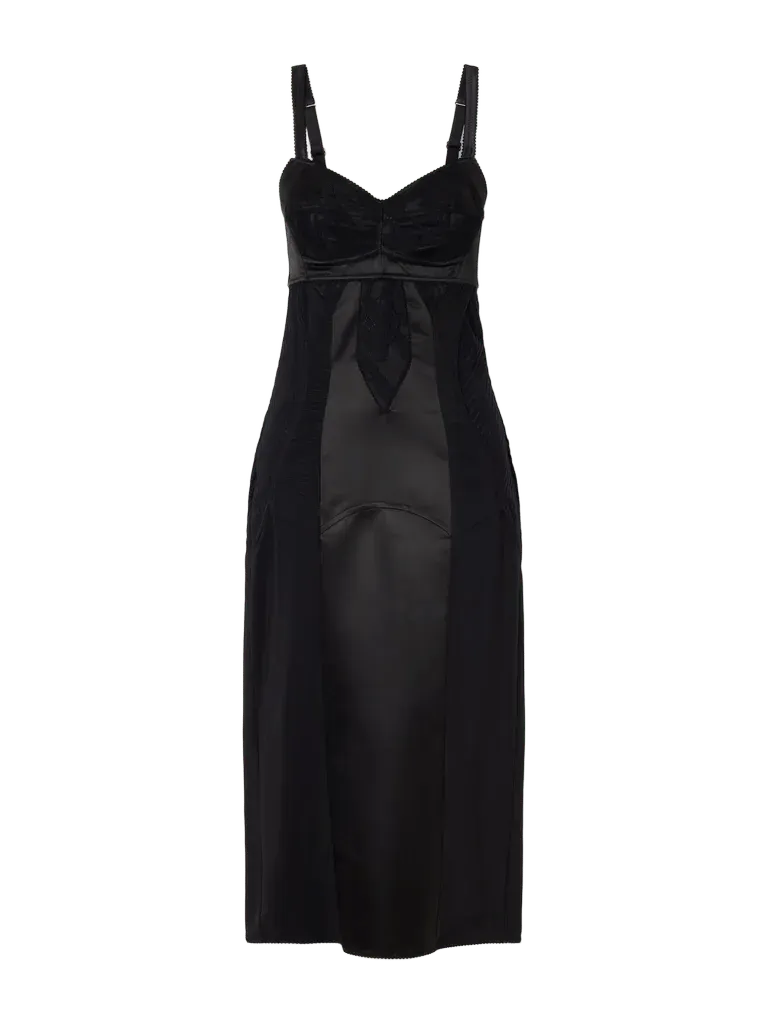 Paneled cut-out lace-trimmed satin and crepe bustier midi dress