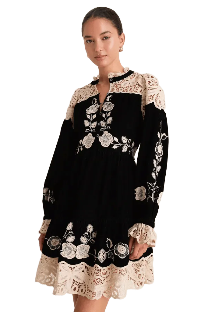 Black Shiloh Embroidery Long Sleeve Mini Dress