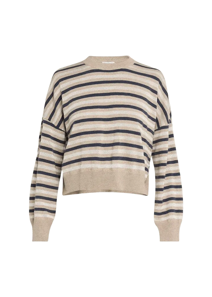 Brunello Cucinelli Shimmering Striped Wool-Cashmere Crop Sweater