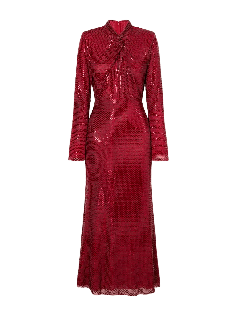 Twisted sequined mesh midi dress