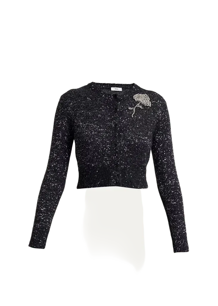 Crystal Brooch Paillette Knit Crop Crewneck Cardigan