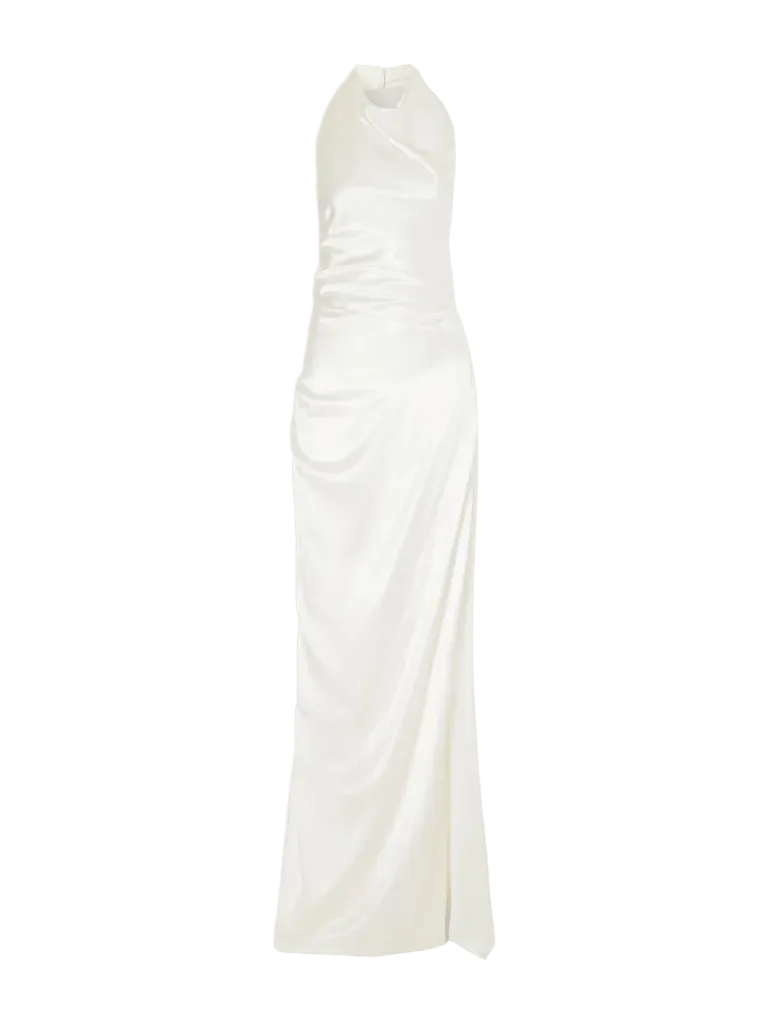 Elisa gathered silk-satin halterneck gown