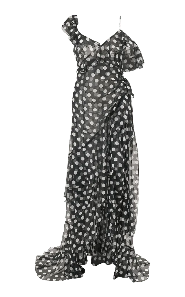 One Shoulder Dot Print Chiffon Gown