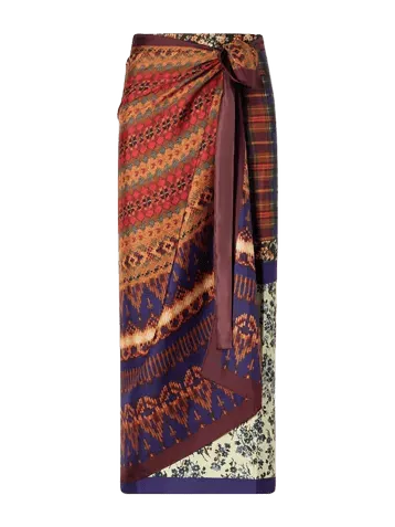 Printed silk-satin wrap midi skirt