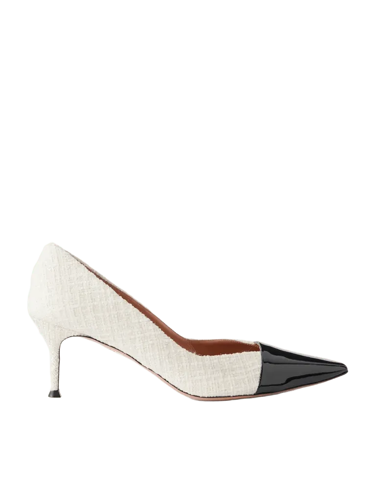 Orbit 65 patent leather-trimmed bouclé pumps