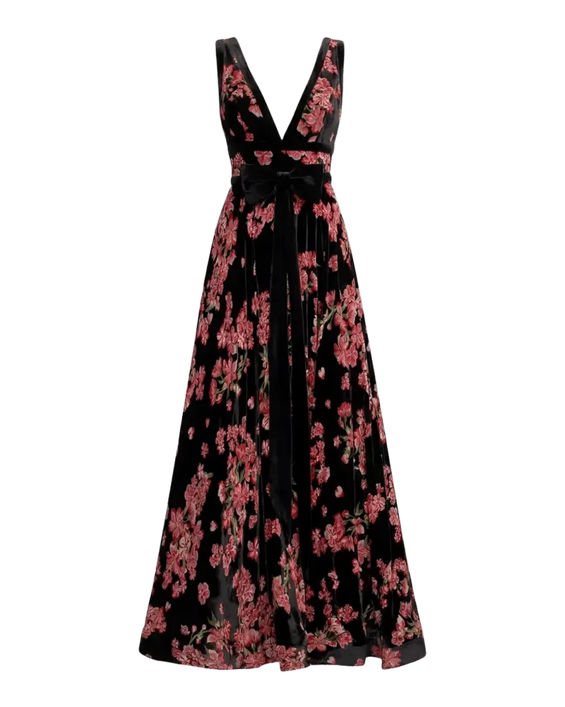 Floral Velvet Plunging V-Neck Ball Gown