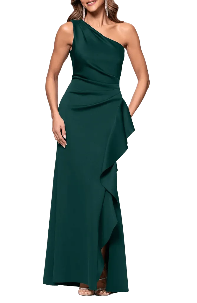 One-Shoulder Ruffle Scuba Crepe Gown