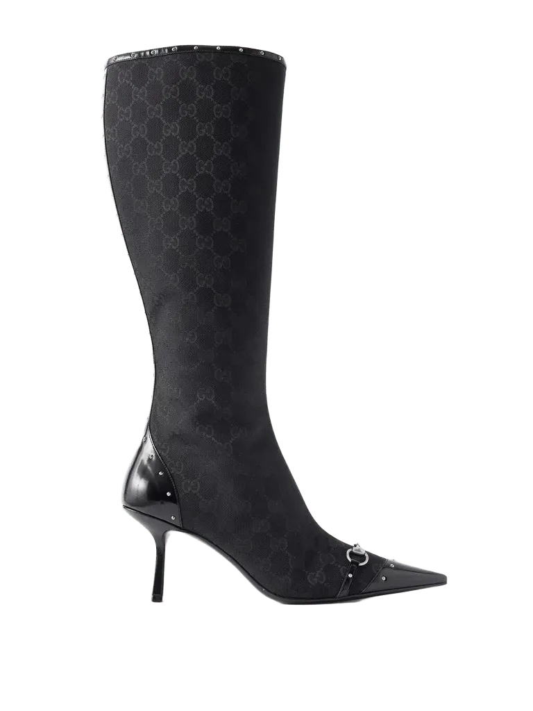 Savoy horsebit-embellished leather-trimmed canvas-jacquard knee-high boots