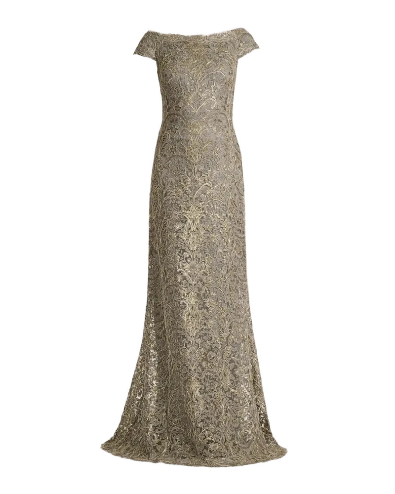 Cap-Sleeve Sequin Lace Column Gown