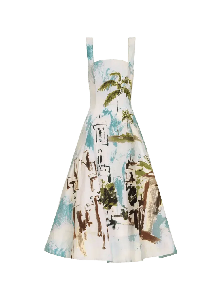 Dominican Landscape Cotton Poplin Sleeveless Dress