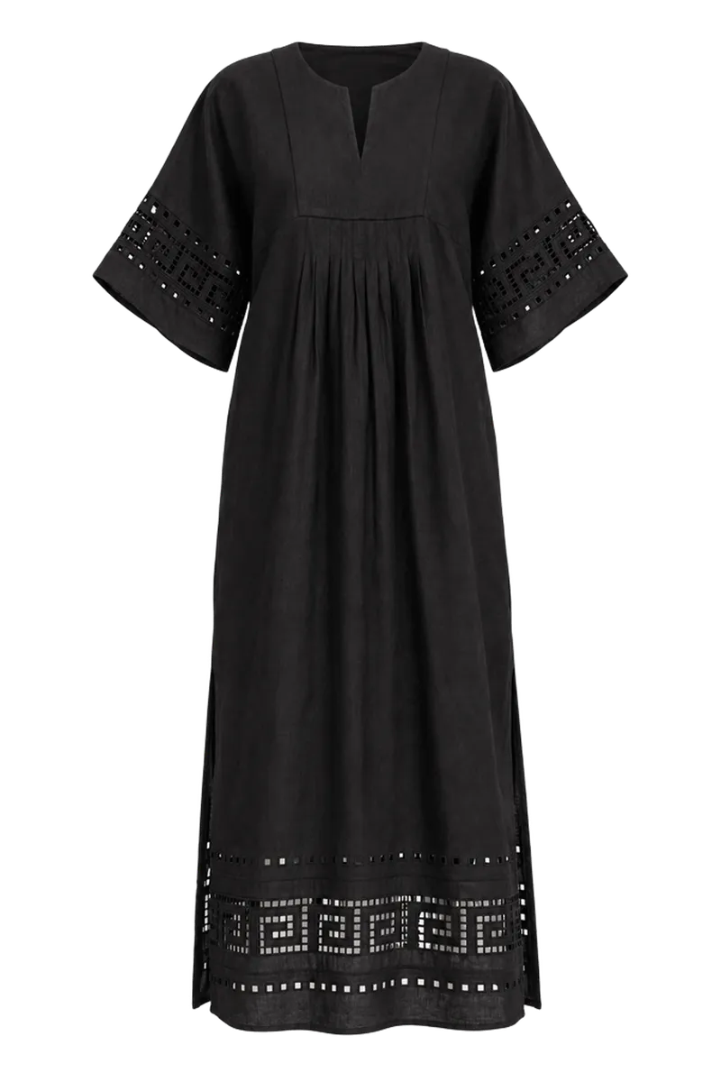Black Greek Key Embroidered Linen Adrianne Dress