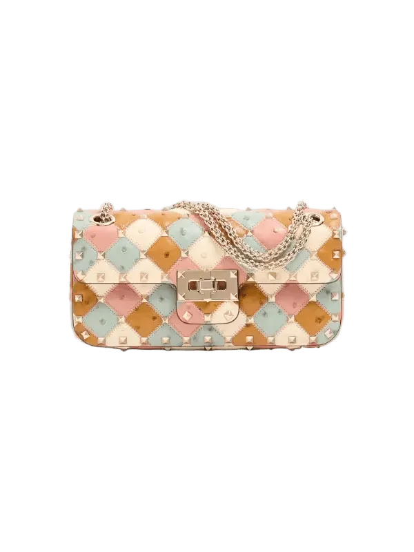 Rockstud Spike Small Shoulder Bag with Ostrich Patchwork