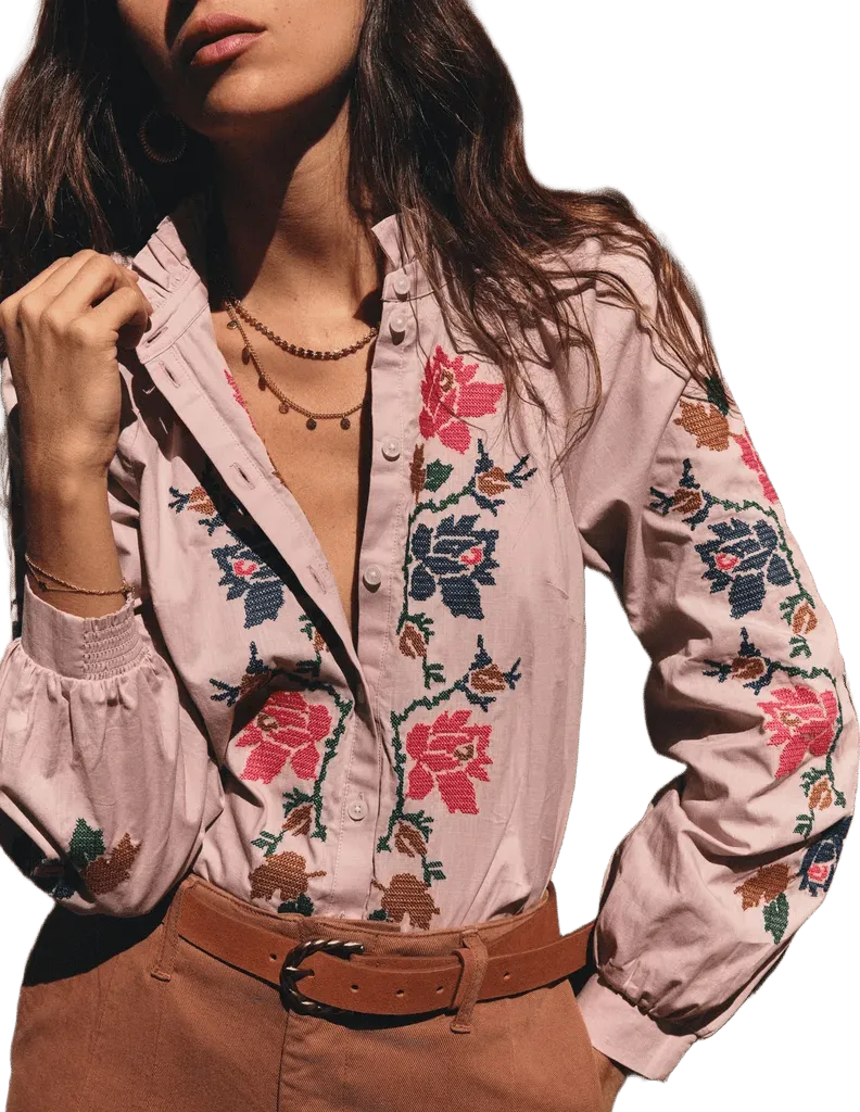 Erica Cotton Frill Top-Soft Pink, Embroidered Floral