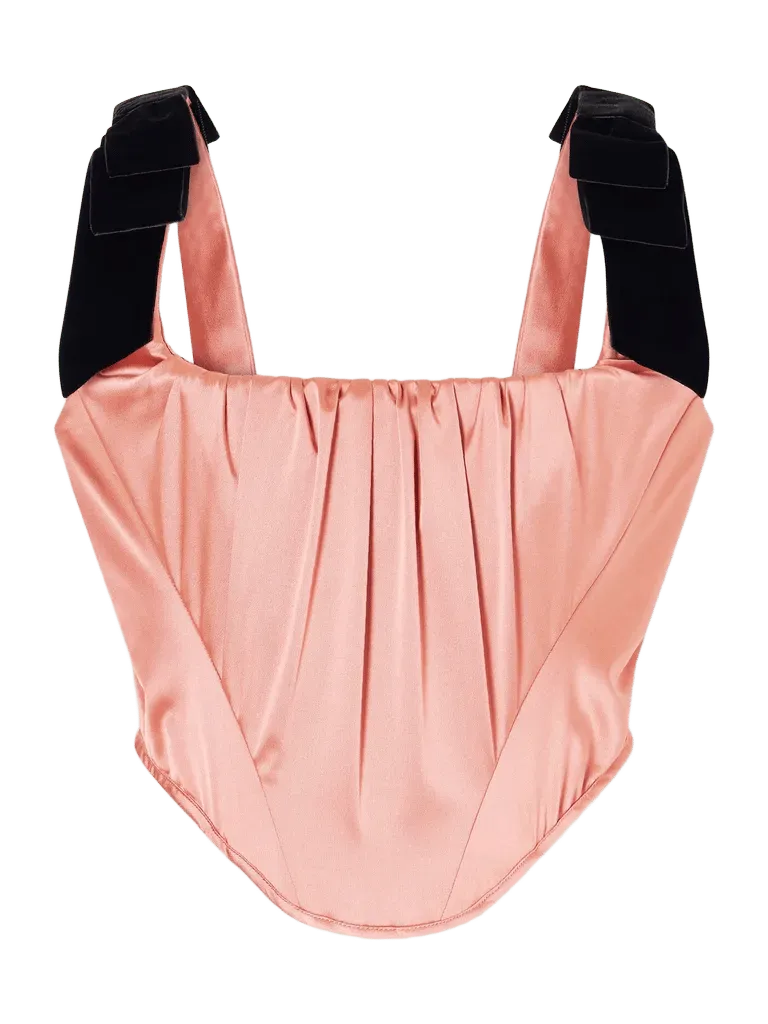 Pussycat bow-detailed velvet-trimmed duchess-satin corset top