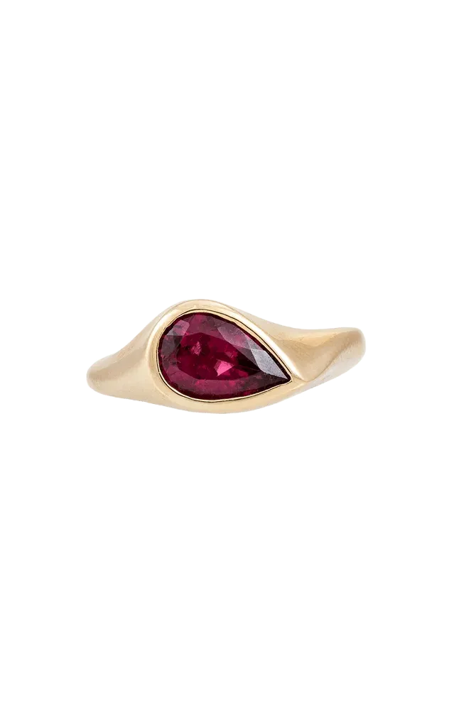 14k Yellow Gold Tilted Dark Pink Tourmaline Teardrop Ring