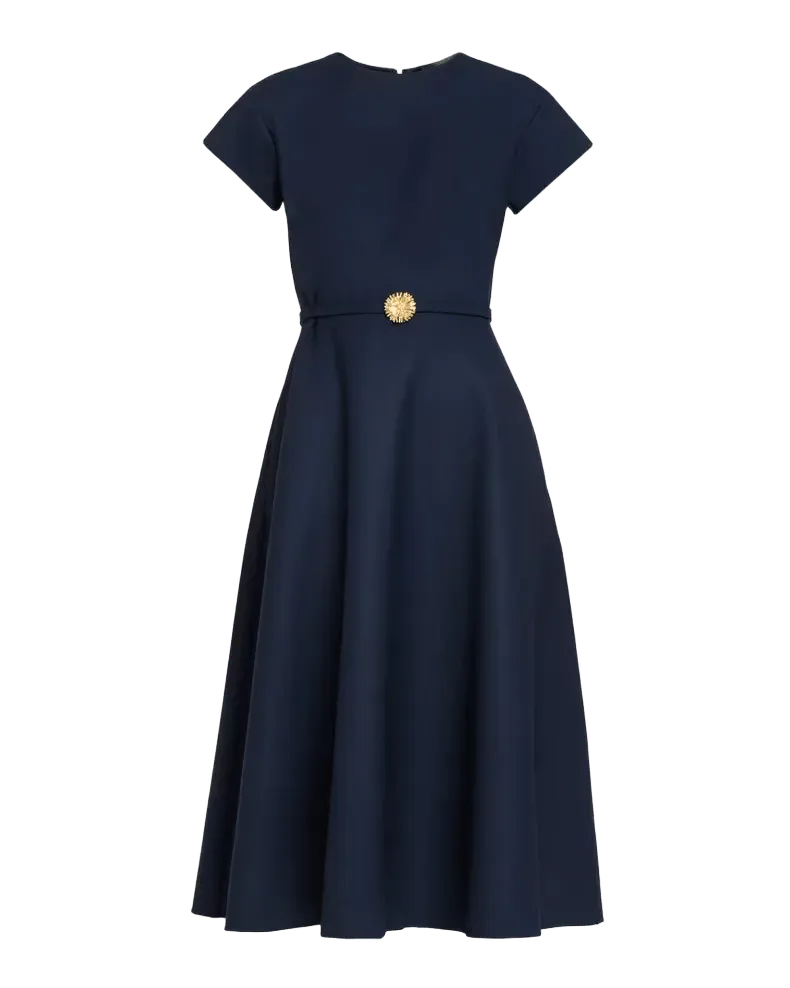 Cap-Sleeve Wool Belted Midi Dress