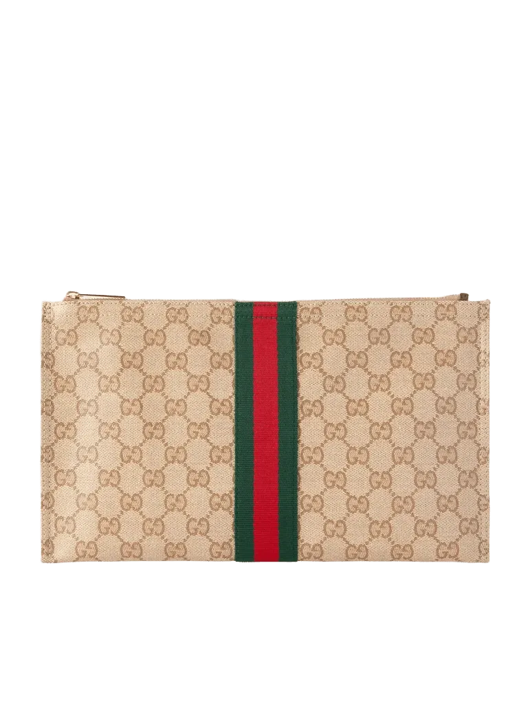 Large webbing-trimmed canvas-jacquard pouch - beige - One Size