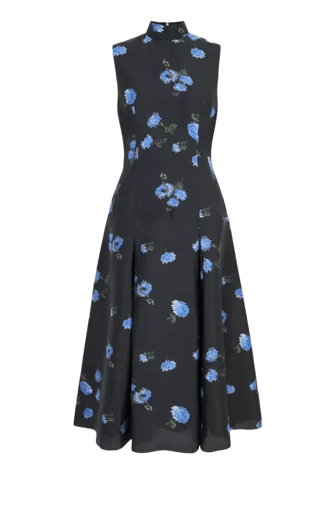 Bronte Dress in Light Blue Ditsy Chrysanthemum on Navy Silk Shantung