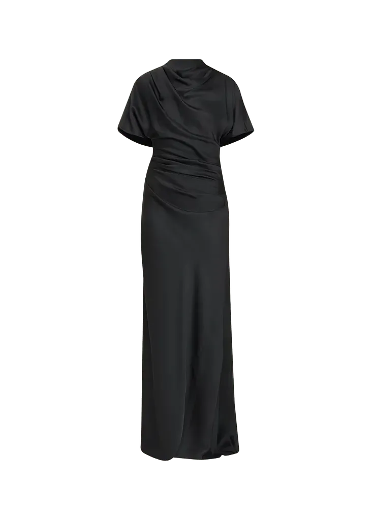Annibelis Draped Cape-Sleeve Satin Gown