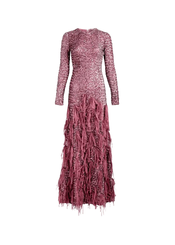 Bilal Sequined Long-Sleeve Tassel Trumpet Maxi Dress