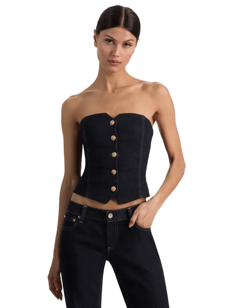 KELCEY STRAPLESS DENIM VEST - DARK RINSE