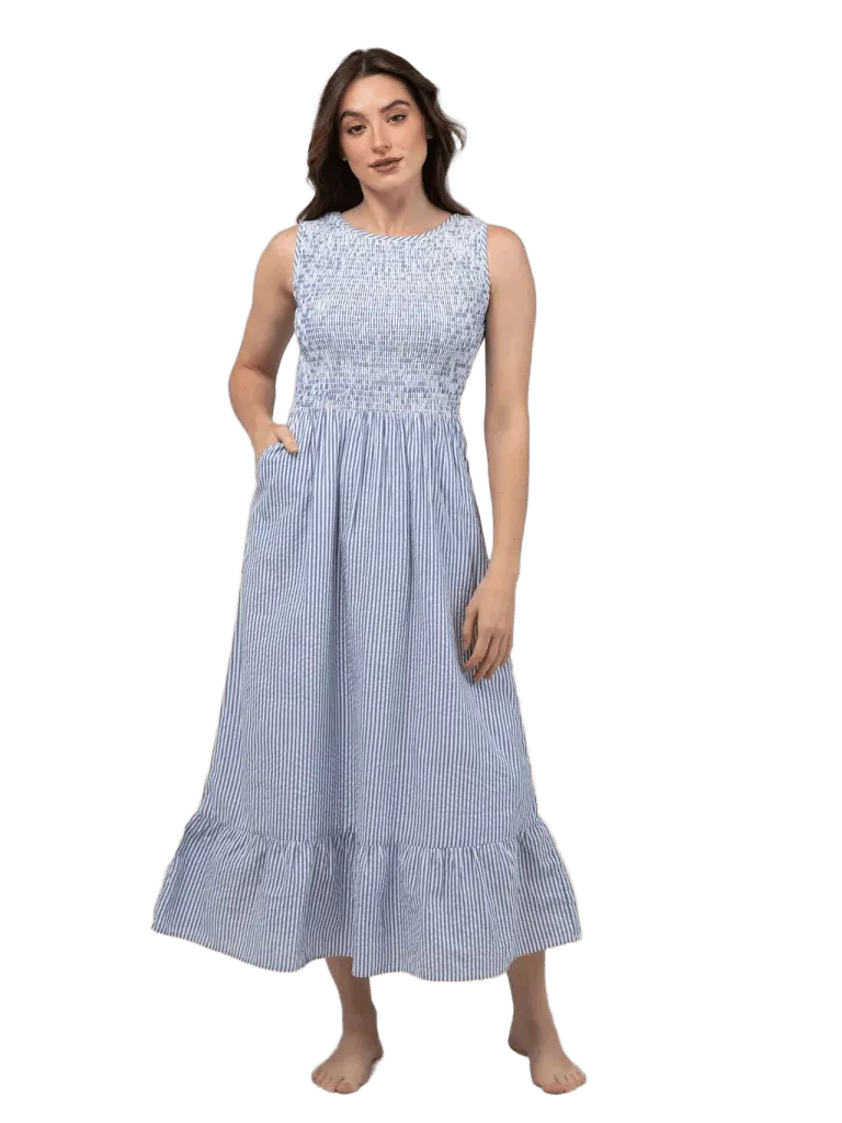 The Margot Dress in Navy Stripe Seersucker