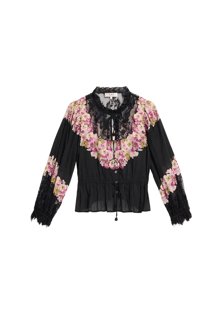 Sea Persephone Print Cotton & Lace Long-Sleeve Blouse