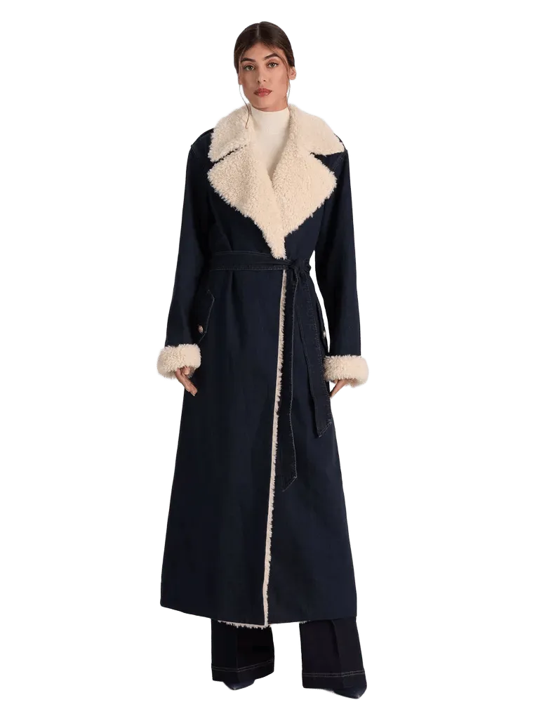 NEVADA FAUX SHEARLING DENIM TRENCH COAT - DARK RINSE/CHINO