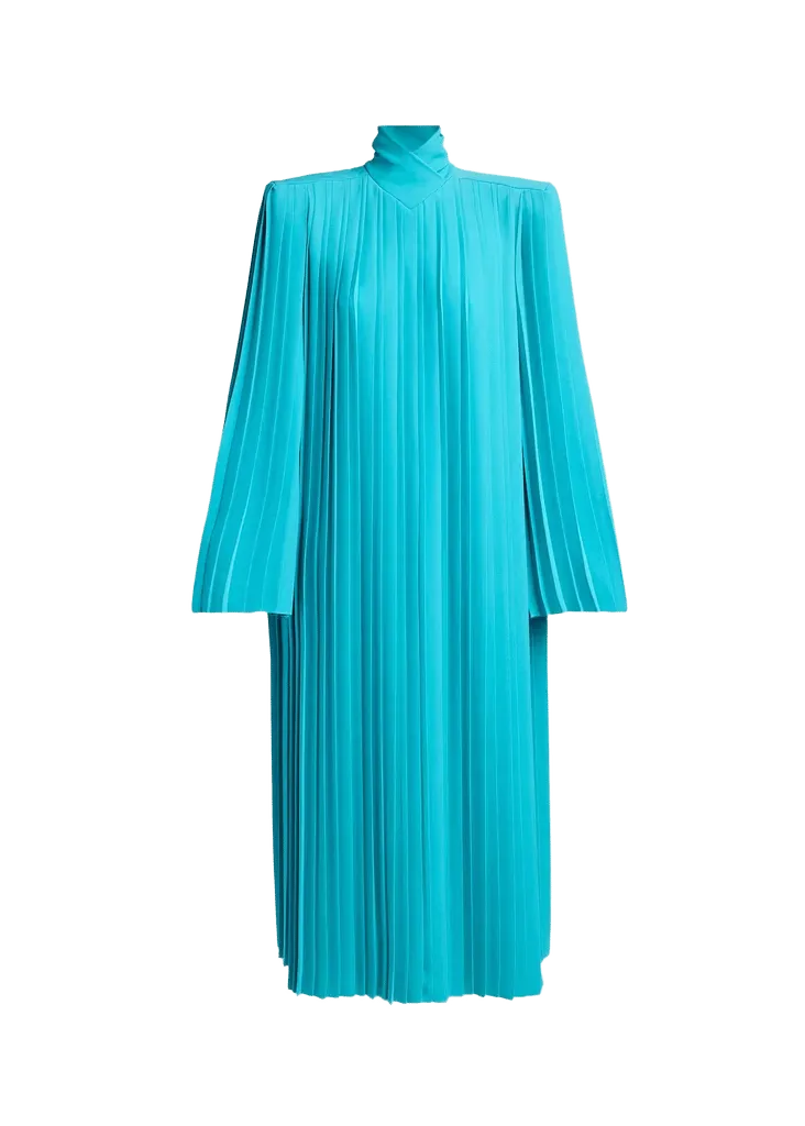 Pleated Padded-Shoulder Midi Shift Dress